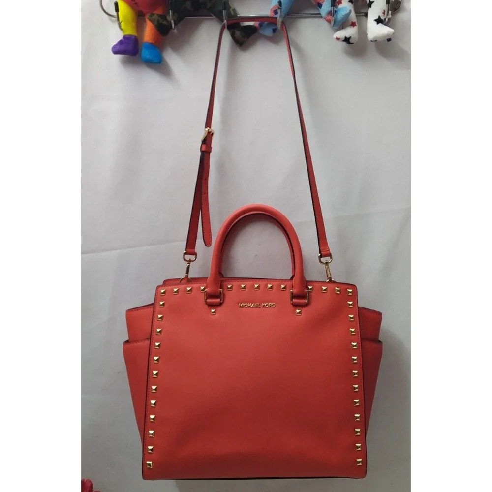 Michael Kors Selma Red Saffiano Leather Studded Top Handle Satchel Shoulder Bag